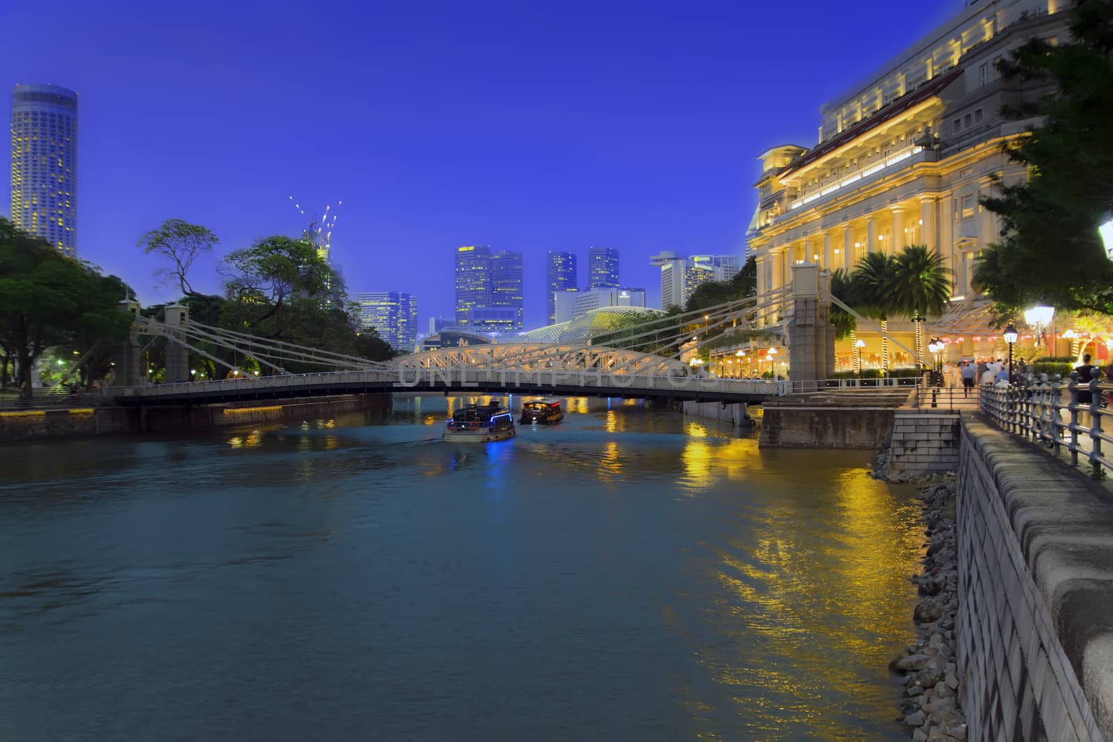 Singapore River. Center of Singapore, evening in city.