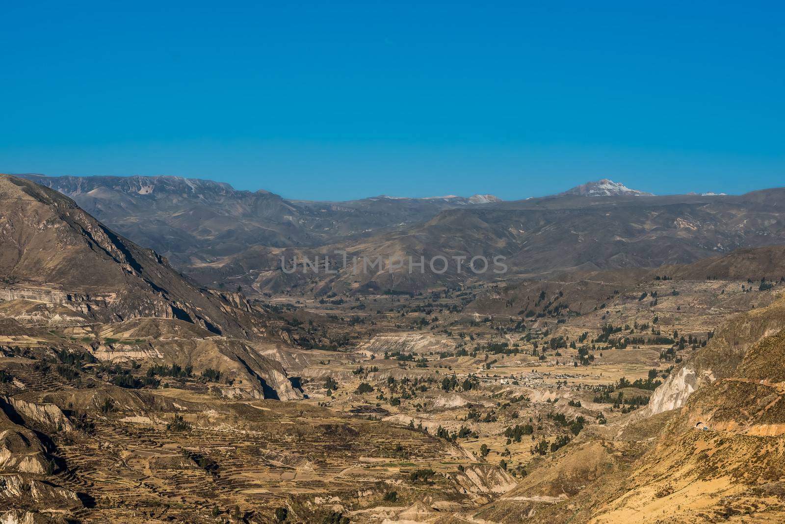 aerial view of Colca Canyon in the peruvian Andes at Arequipa Peru