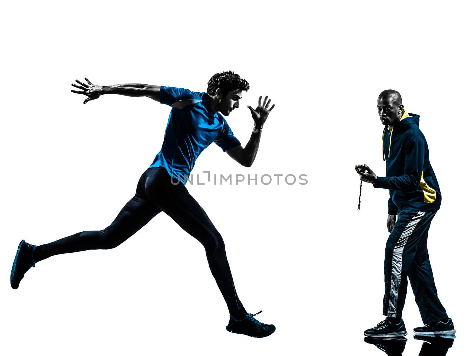 one caucasian man running sprinting with coach stopwatch in silhouette studio isolated on white background
