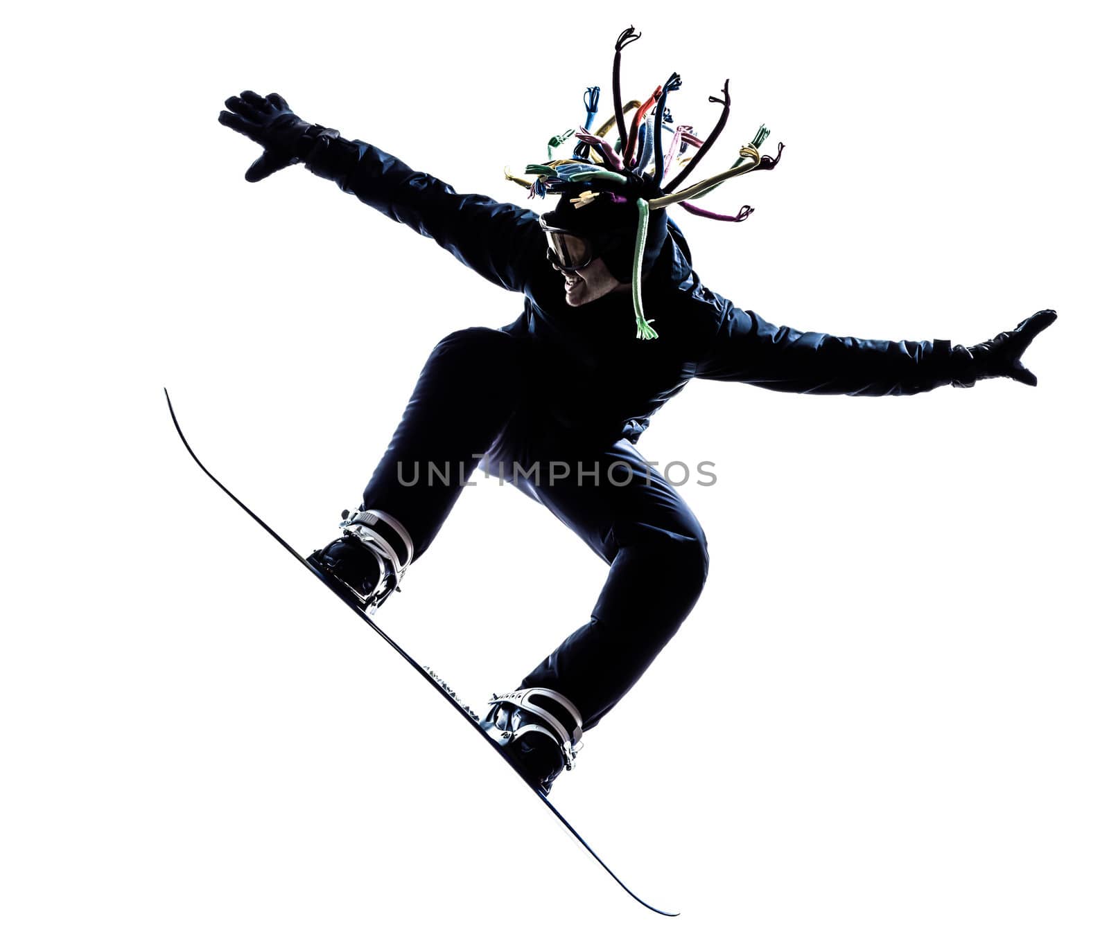 one caucasian young snowboarder  man in silhouette white background