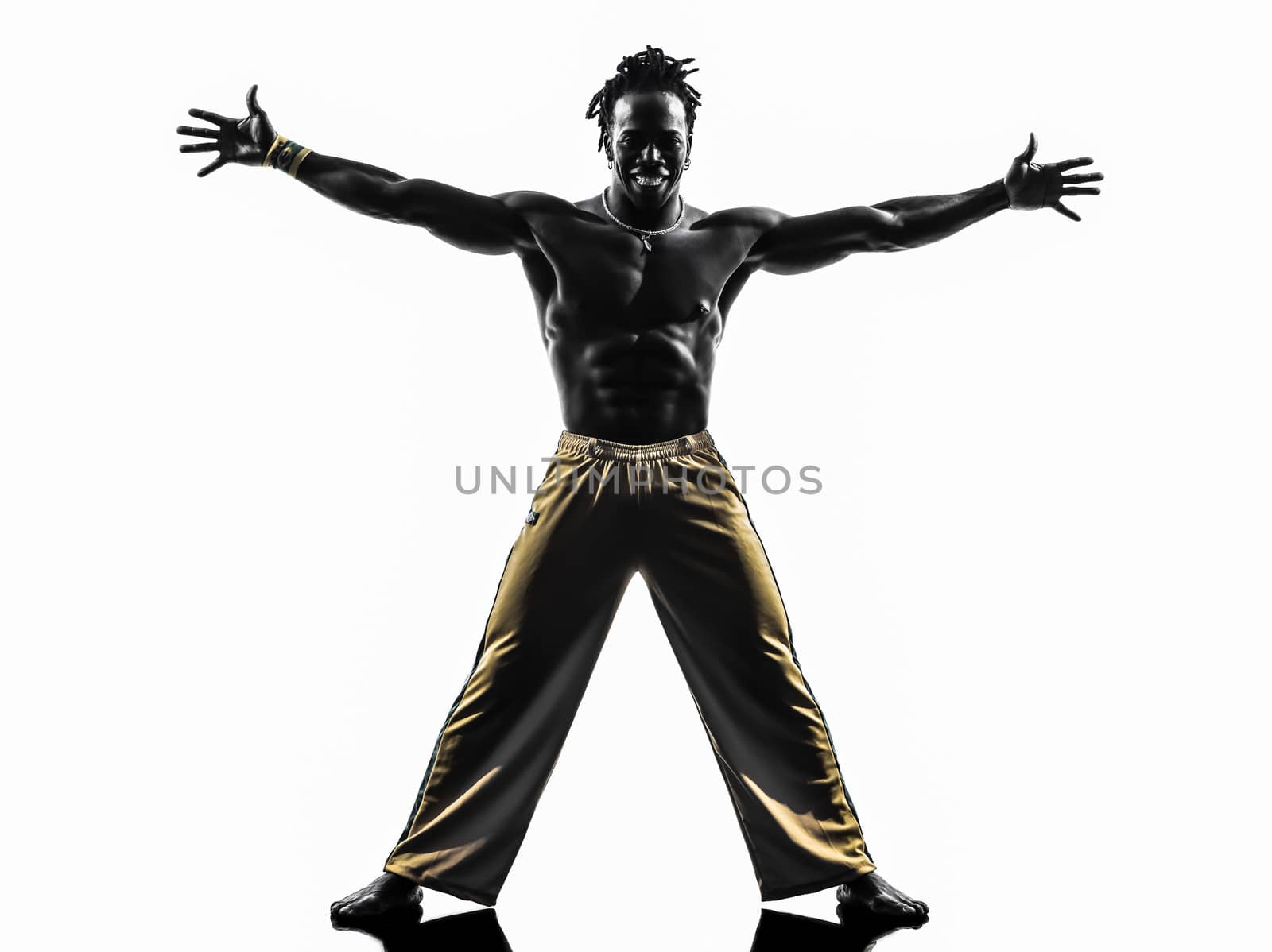 one man capoeira dancer dancing silhouette studio isolated on white background