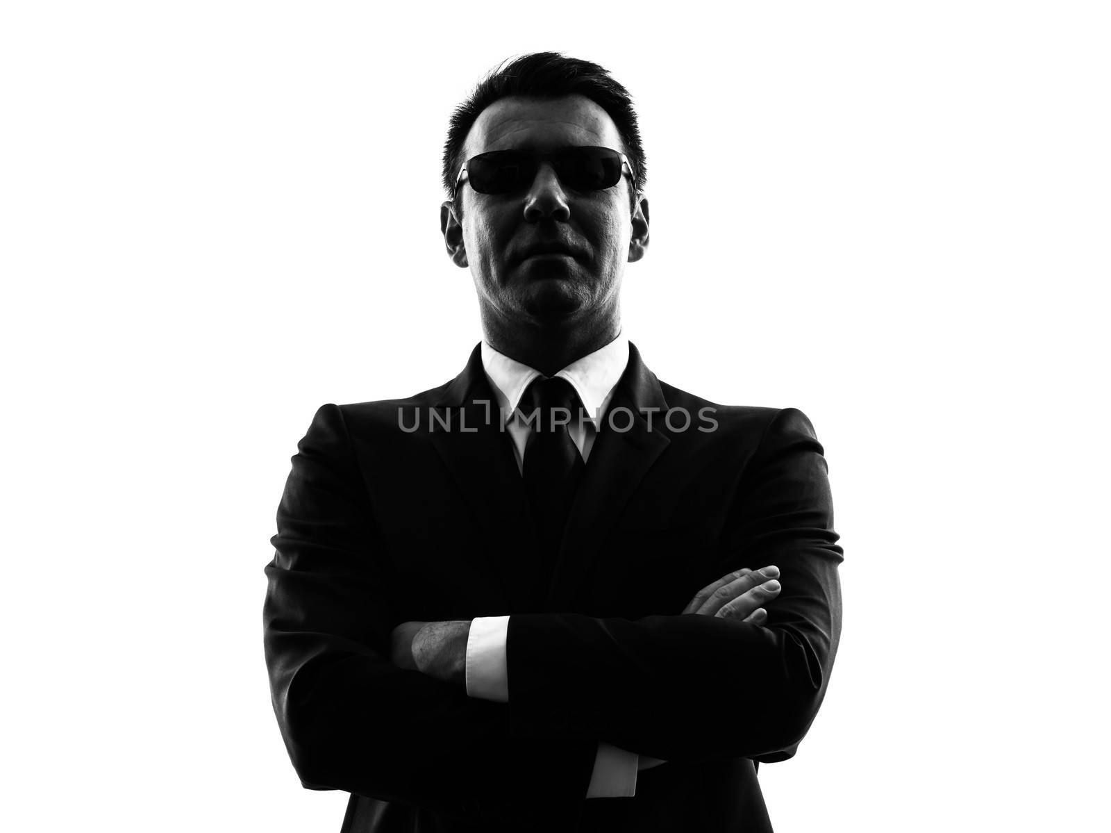 one secret service security bodyguard agent  man in silhouette  on white background