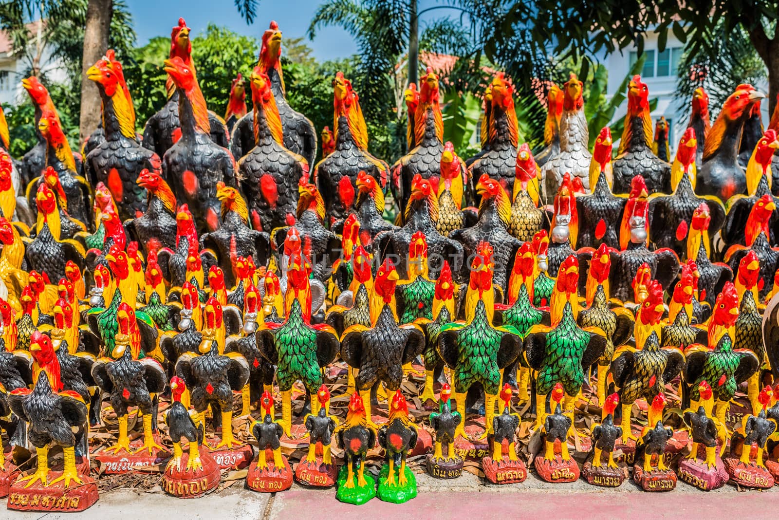 rooster statues offerings Wat Yai Chaimongkol Ayutthaya bangkok  by PIXSTILL