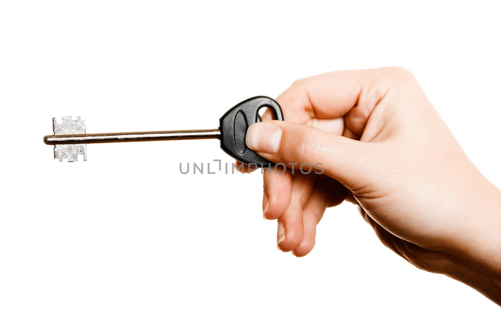 hand with key on white background. isolated