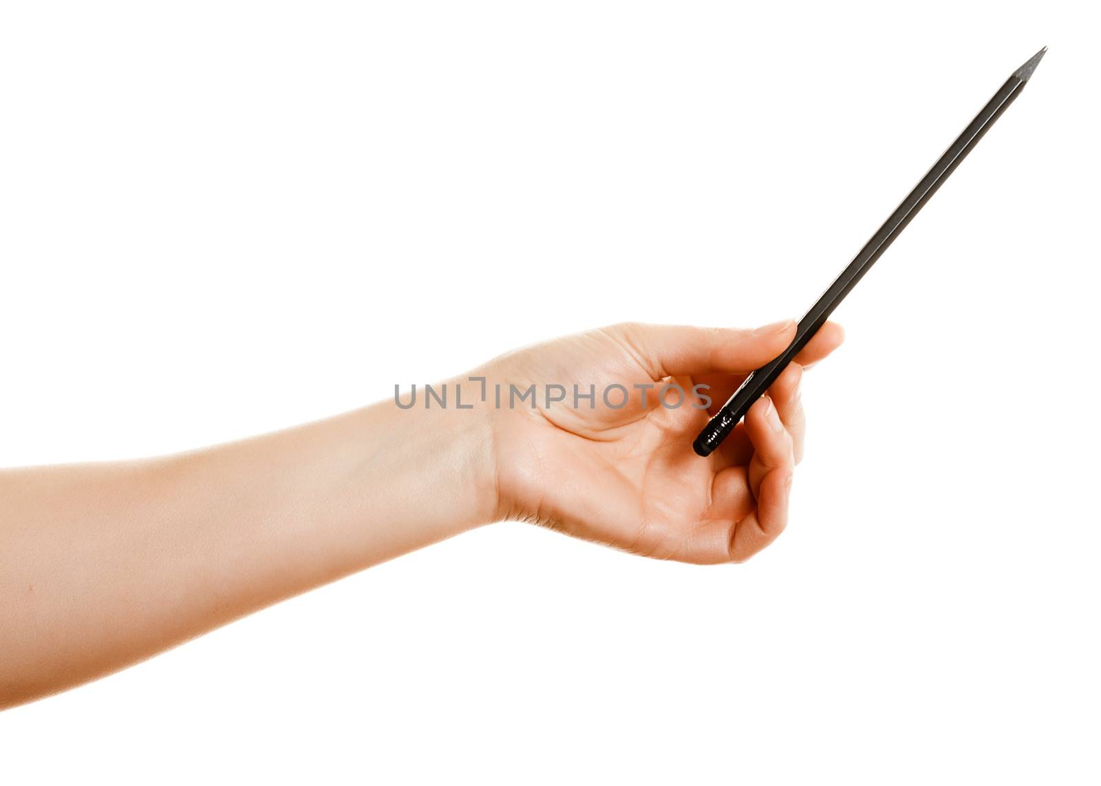 hand with a pencil on a white background. isolated pointer