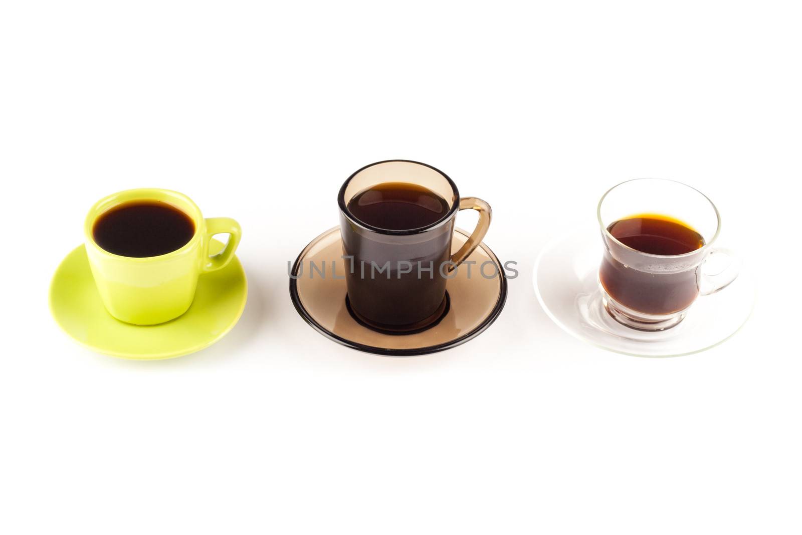 three coffee cups of different style on white background