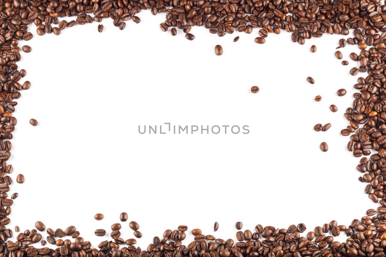 Coffee beans framing the image, on white.