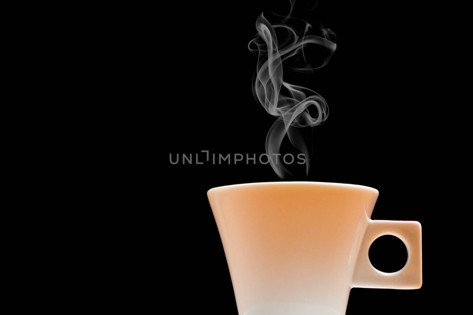 Cup of espresso coffe with vapor on black background