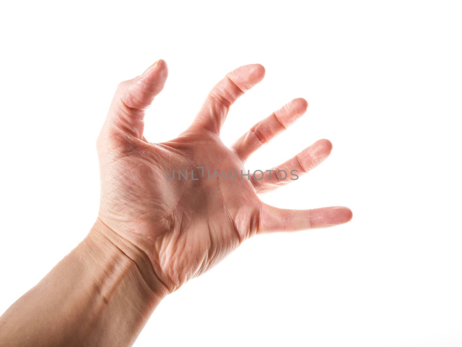 Person grabbing with left hand isolated towards white background