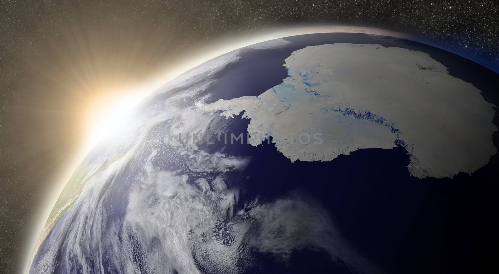 Sunset over Antarctica region on planet Earth viewed from space with Moon and stars in the background. Elements of this image furnished by NASA.