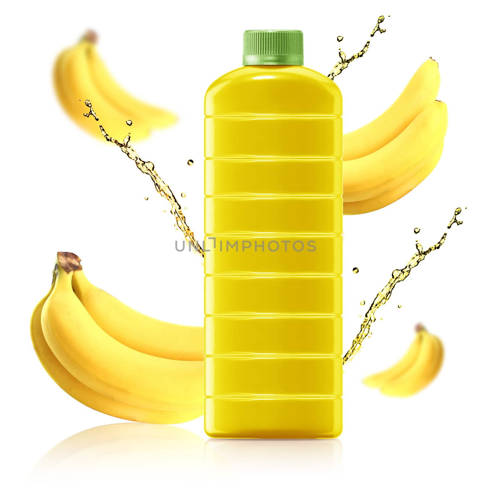 Bananas juice in a plastic container jug on a white background.