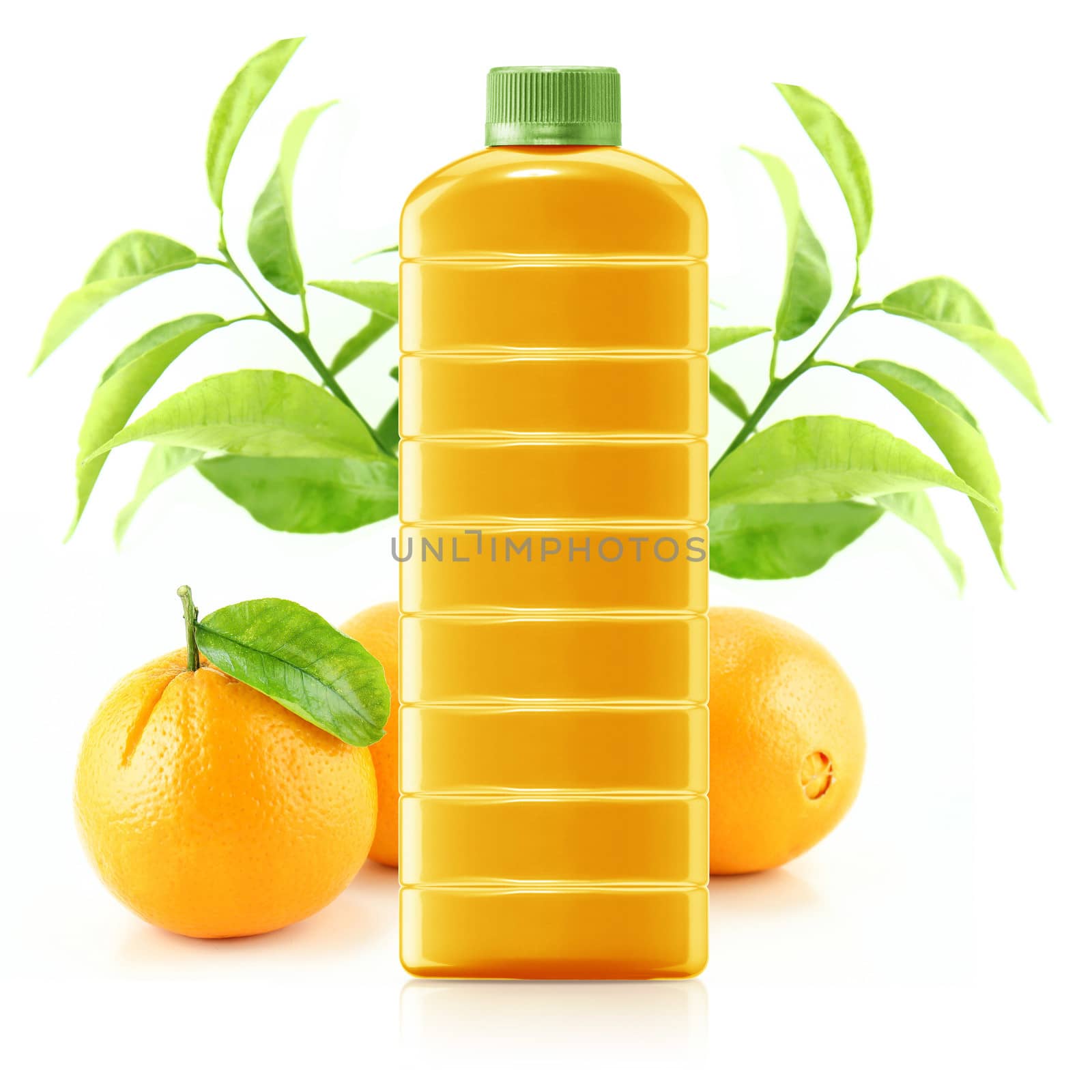 Orange juice in a plastic container jug with fresh orange and leaves on a white background.