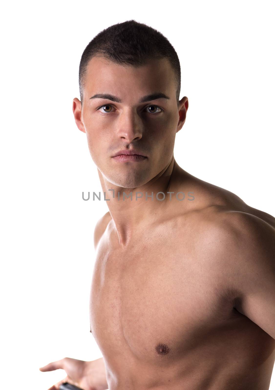 Shirtless attractive young man looking at camera, isolated on white background
