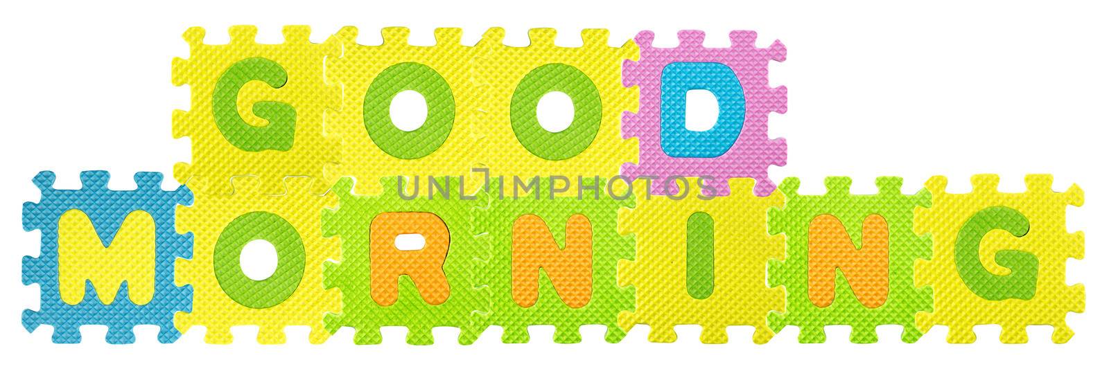 Good Morning sentence created from Alphabet puzzle isloated on white background , with clipping path.