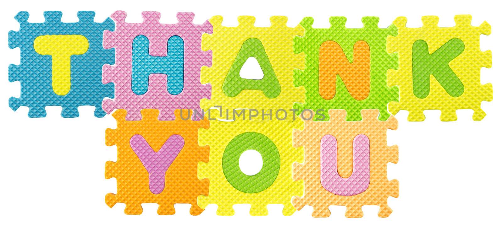 Thank you sentence created from Alphabet puzzle isloated on white background , with clipping path.