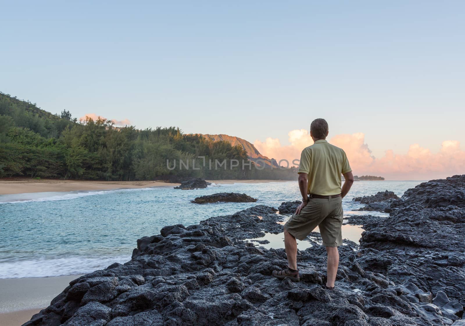 Senior caucasian man overlooks the rocks and ocean at Lumahai Beach in Kauai in Hawaiian islands