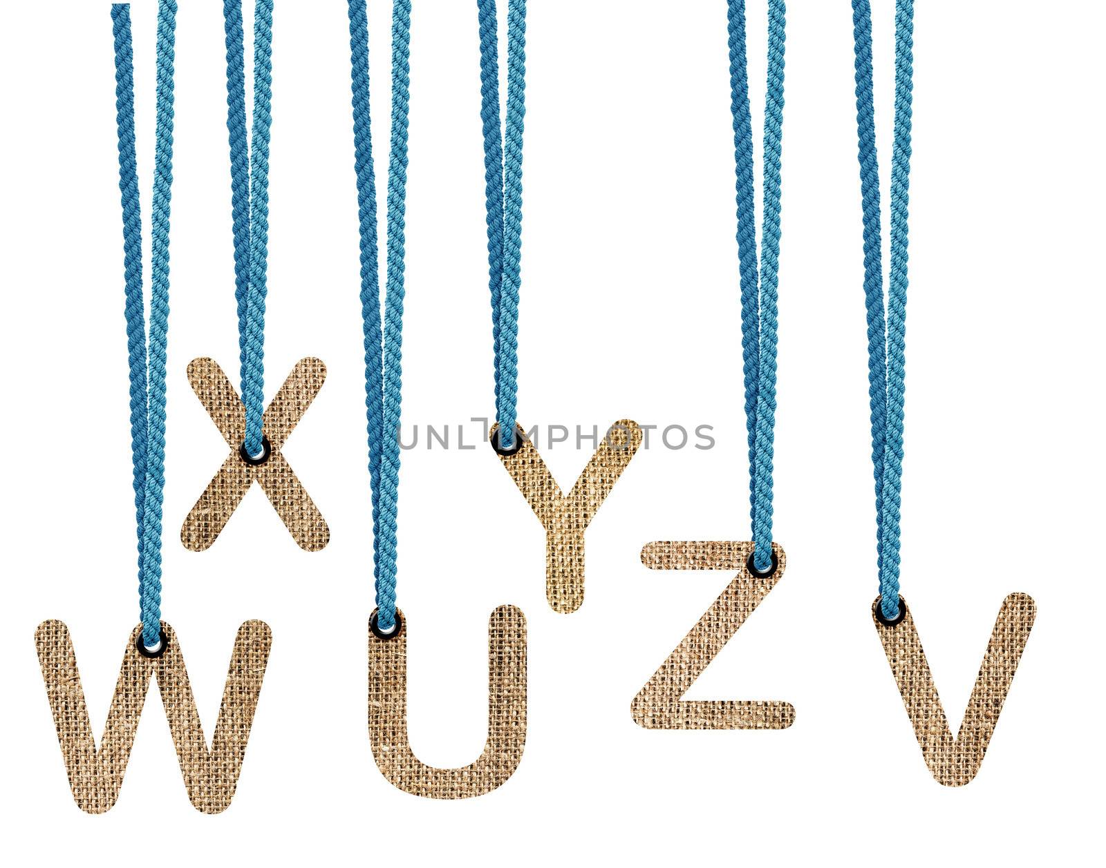 Letters hanging strings isolated on white background . (with clipping work path)