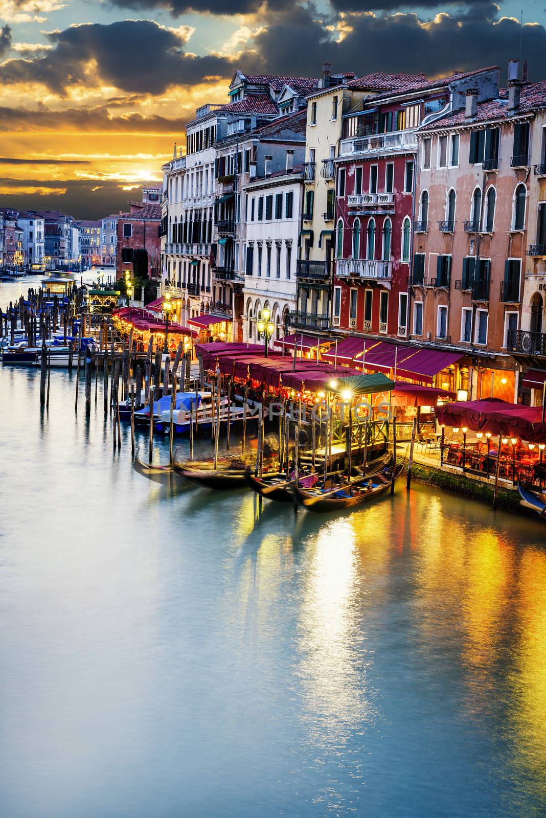 famous grand canale from Rialto Bridge at blue hour, Venice, Italy
