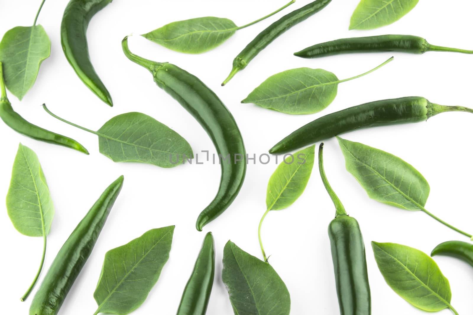 green hot chili pepper with leaves on a white background