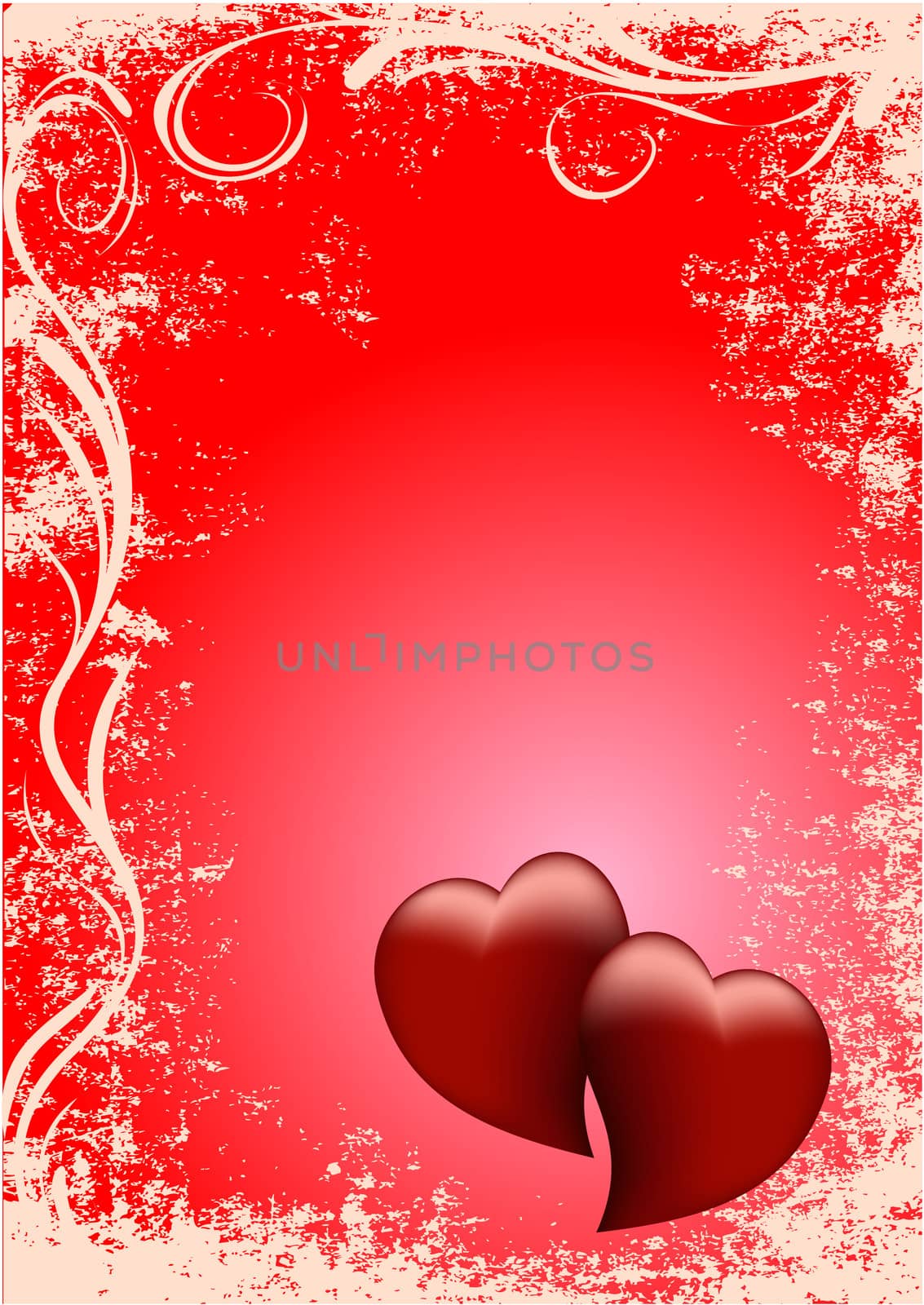 red card in grunge style with two red hearts and vintage ornament