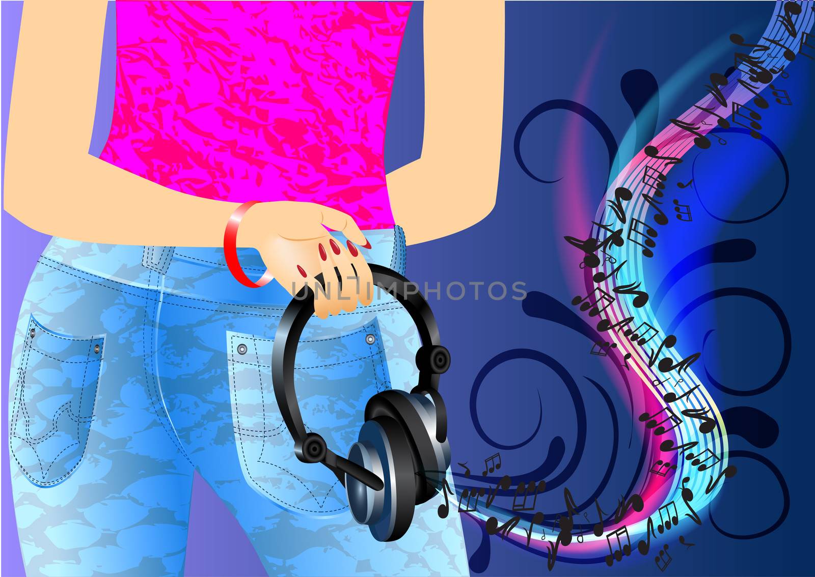 Girl and music, headphones, hip, jeans, music, sound, dynamics, melody, disco