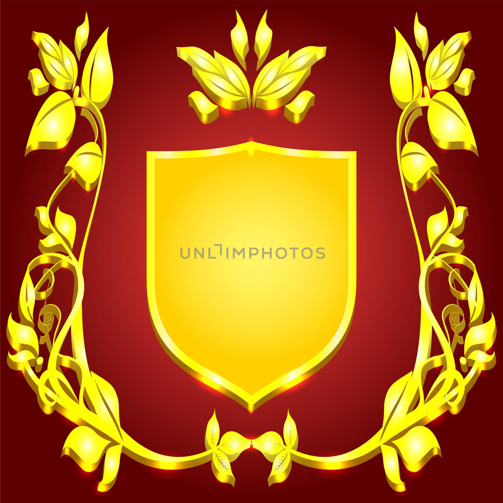rich coat of arms gold monogram   floral pattern on red background