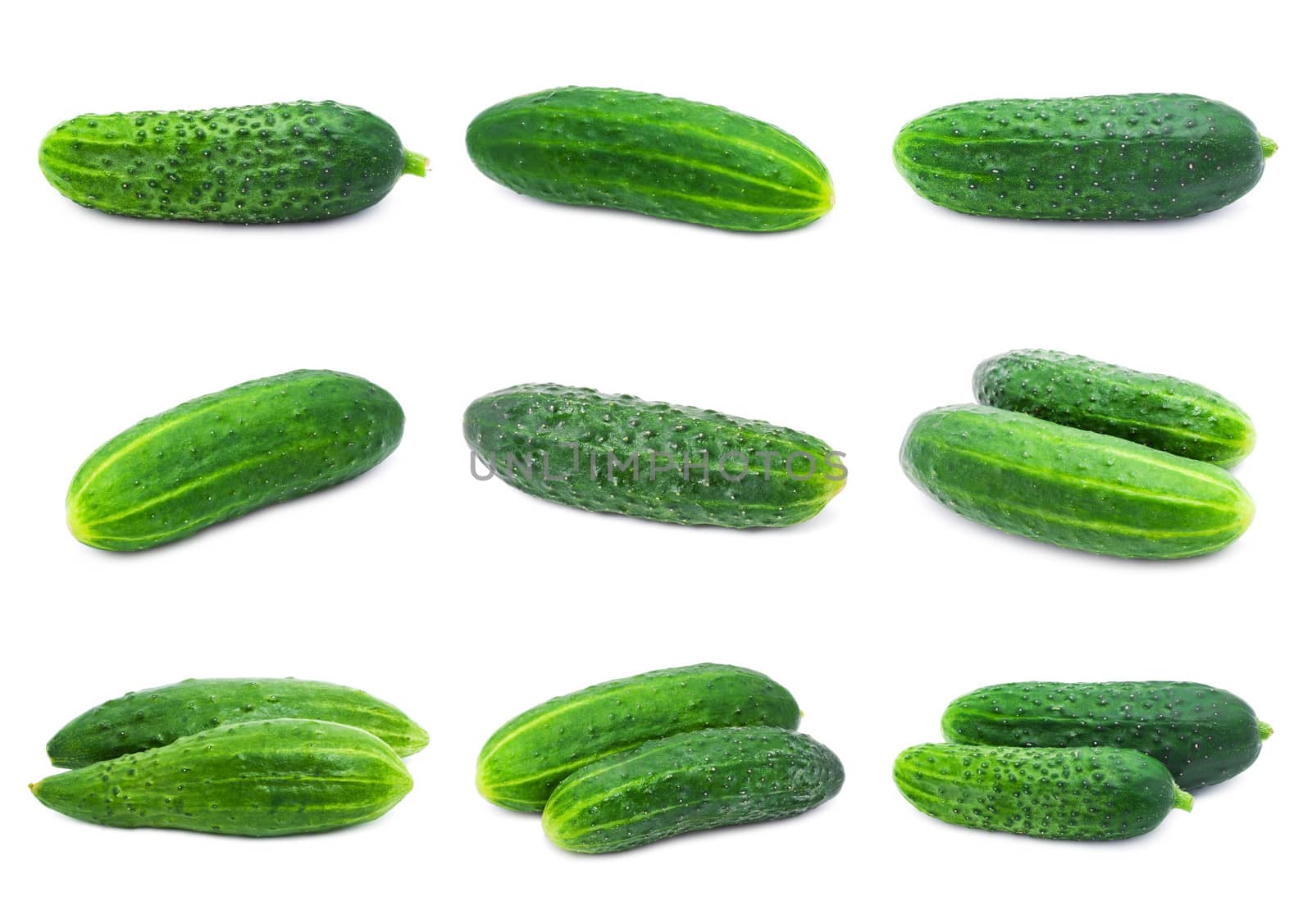Collection of fresh green cucumber isolated on white background