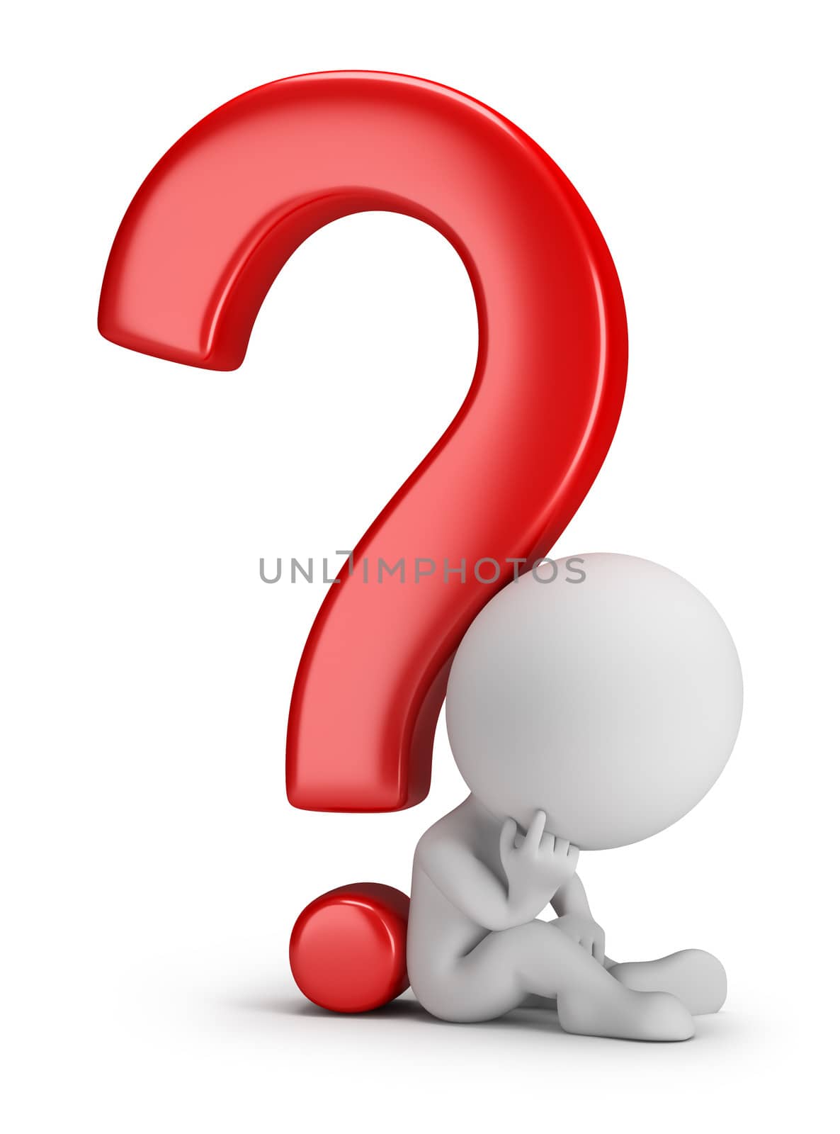 3d small person sitting next to a question mark. 3d image. White background.