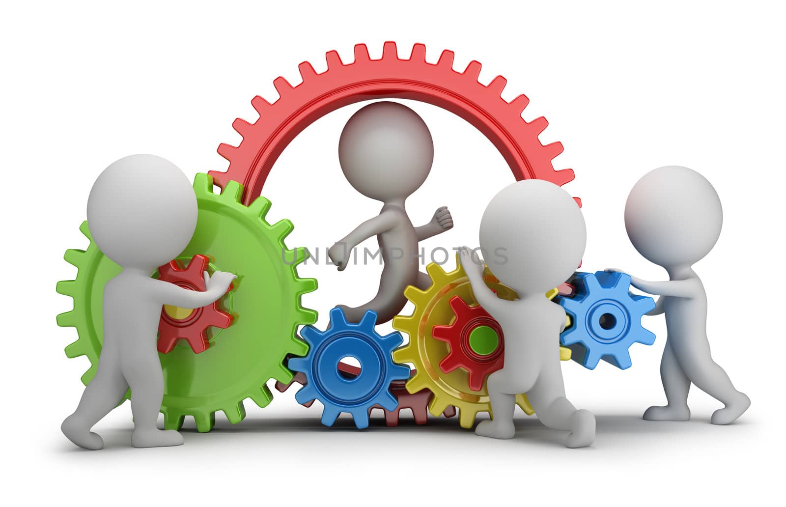 3d small people - team twisting multicolored gears. 3d image. White background.