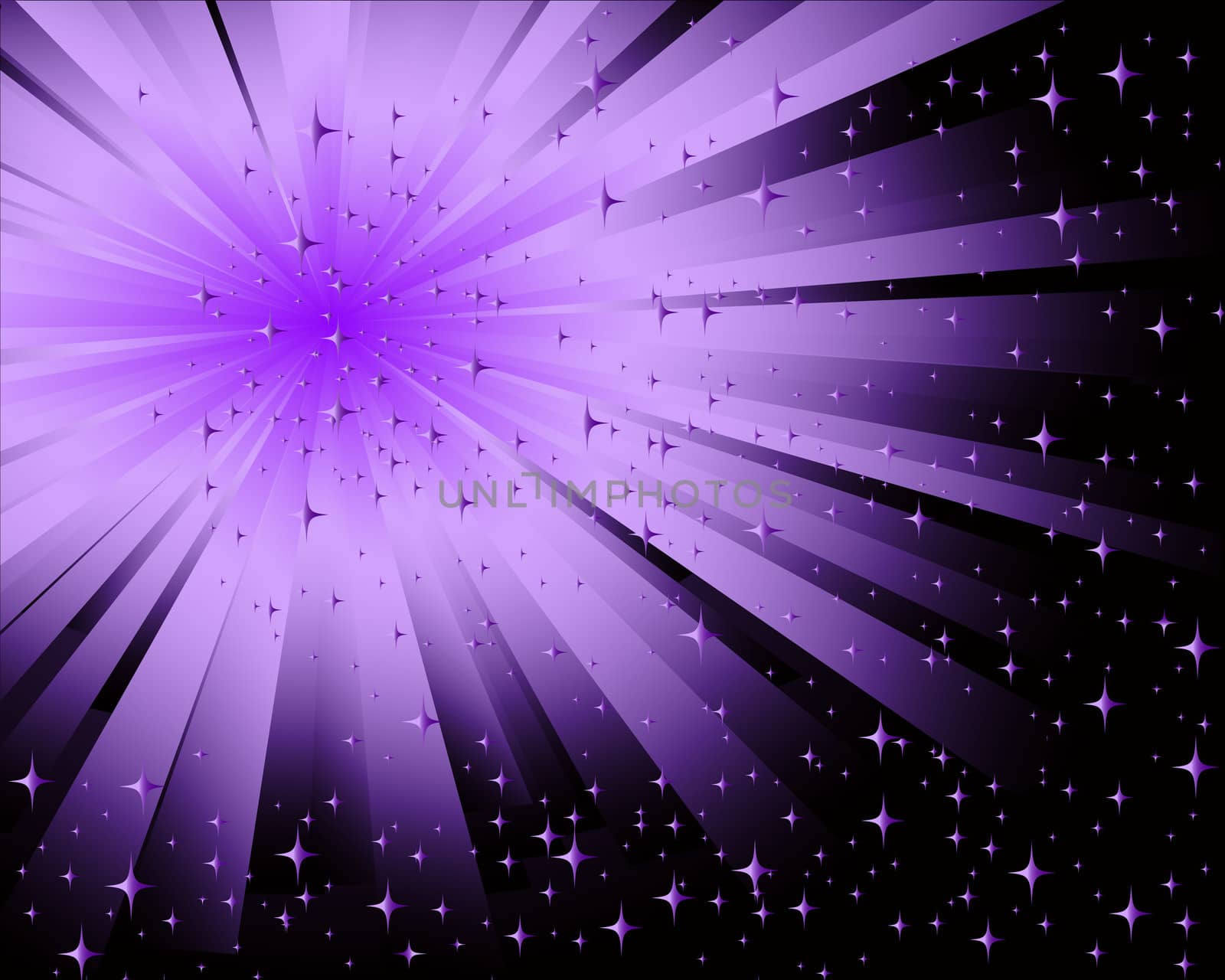 beautiful abstract black background with lilac radiating rays and stars