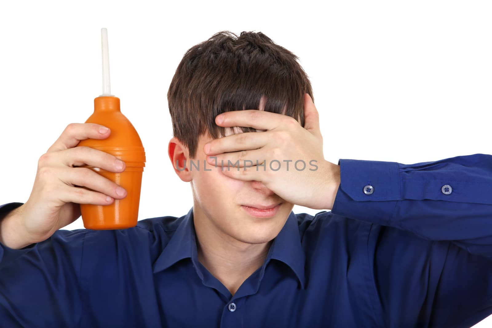 Teenager with Enema Isolated on the white background