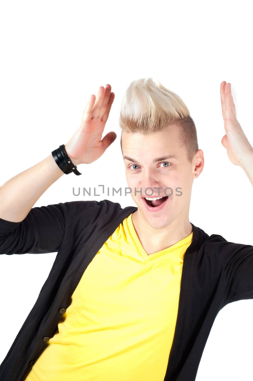 Portrait of handsome man with stylish haircut and hands raised isolated on white