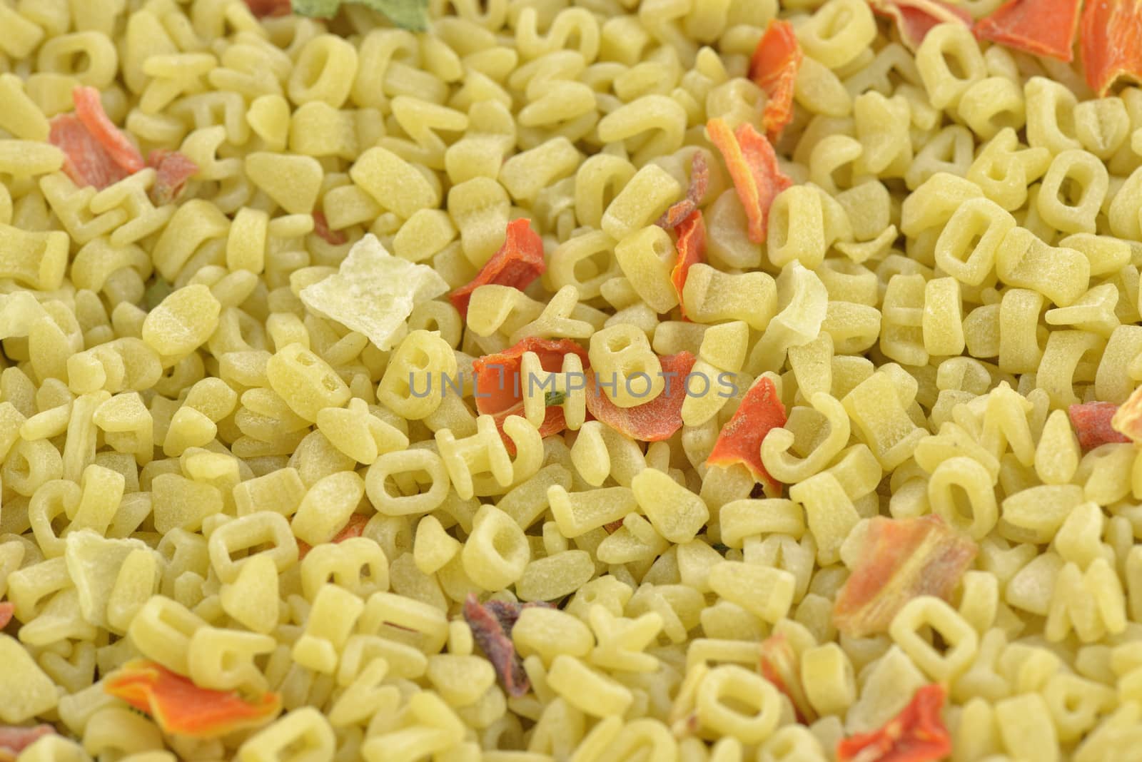 Alphabet pasta and dehydrated vegetable for soup