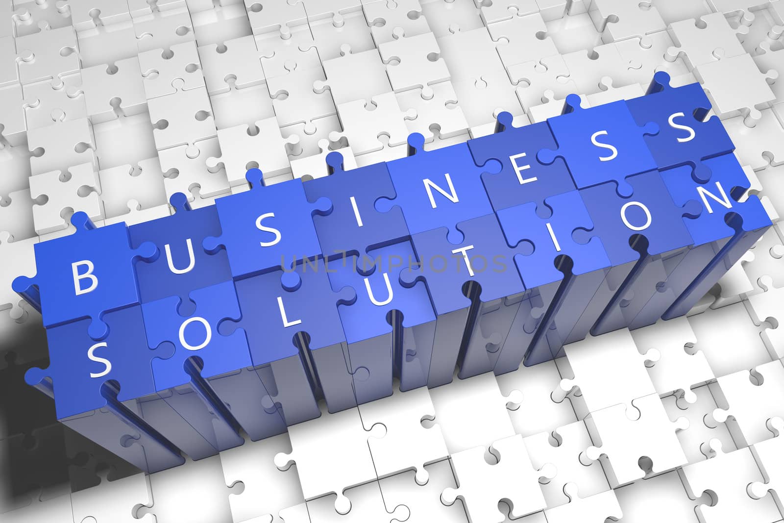 Business Solution - puzzle 3d render illustration with text on blue jigsaw pieces stick out of white pieces