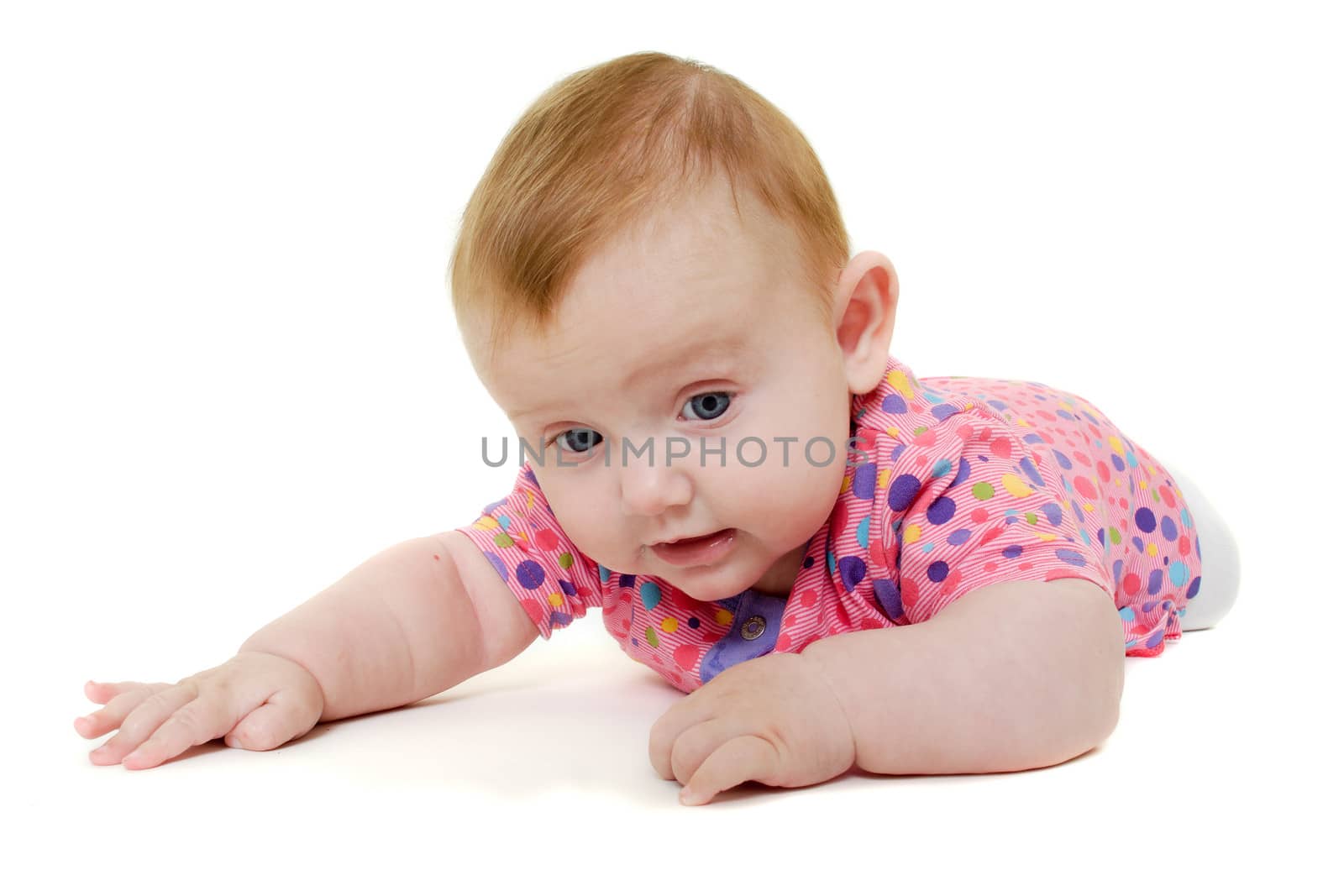 A sweet happy baby 3 month young. Resting on af white background.