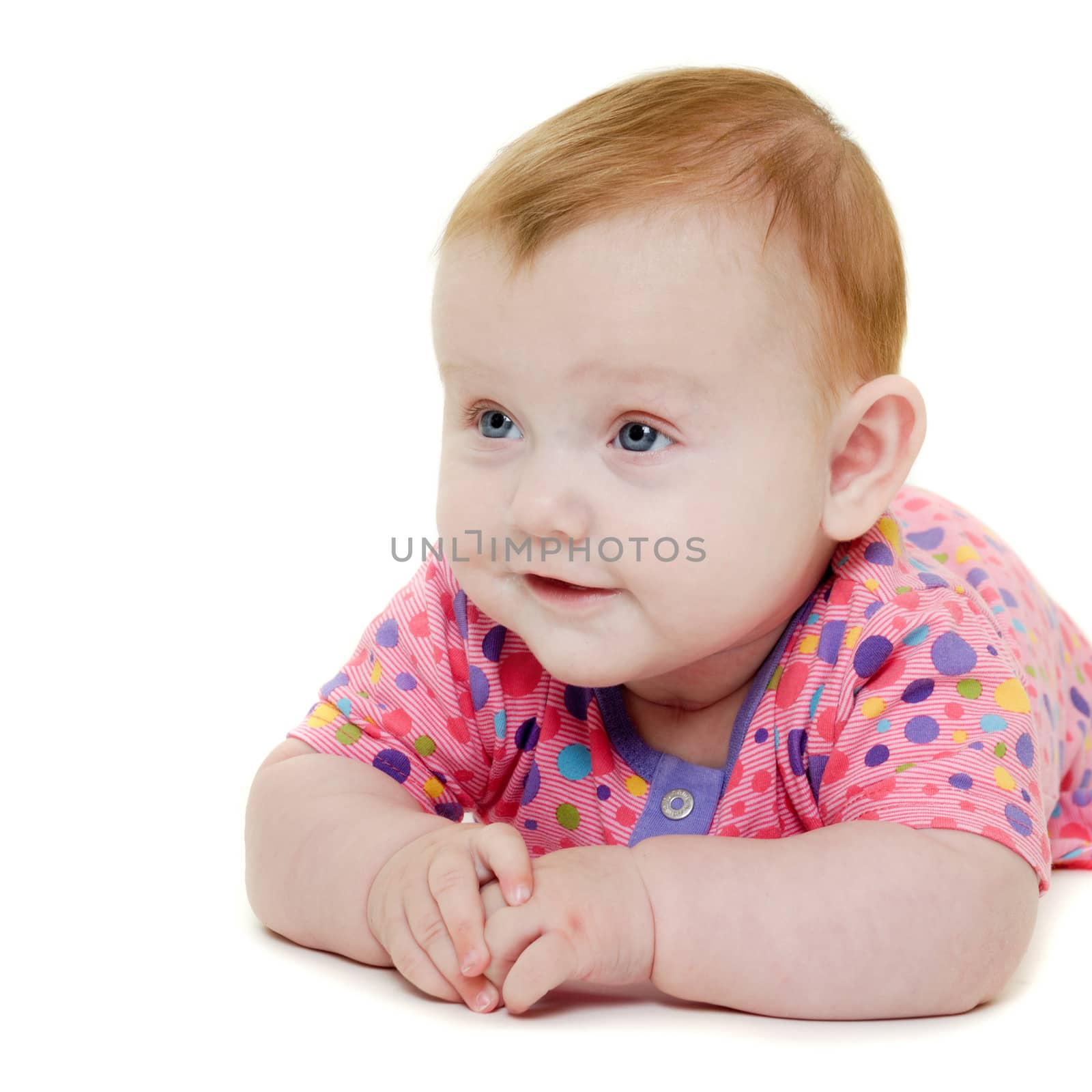 A sweet happy baby 3 month young. Resting on af white background.