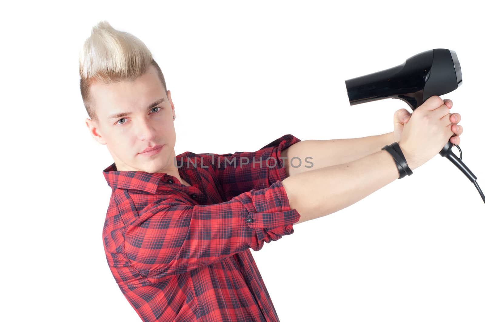 Portrait of handsome guy with hairdryer in studio isolated on white