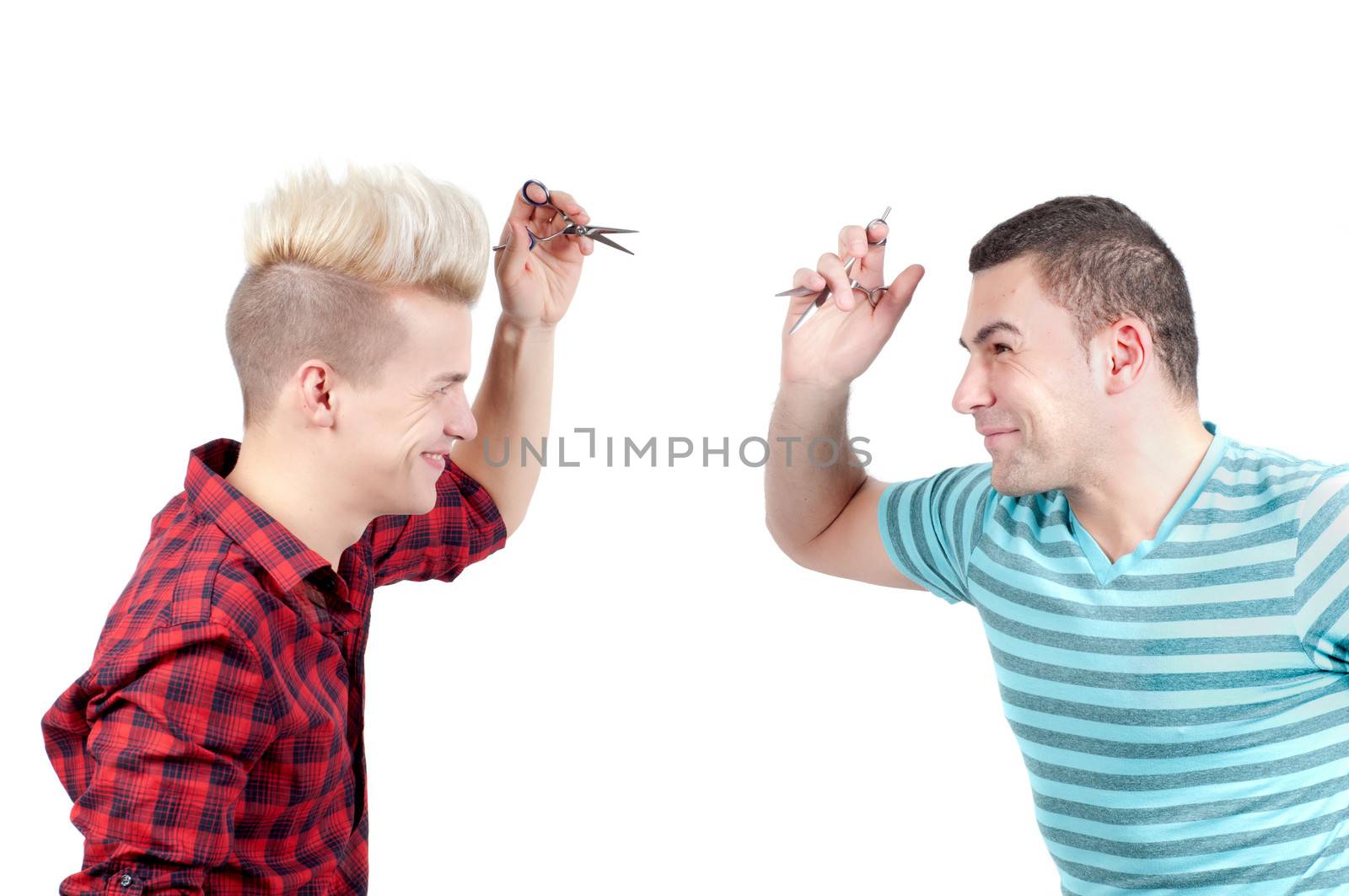 Two men with scissors aiming each other by anytka