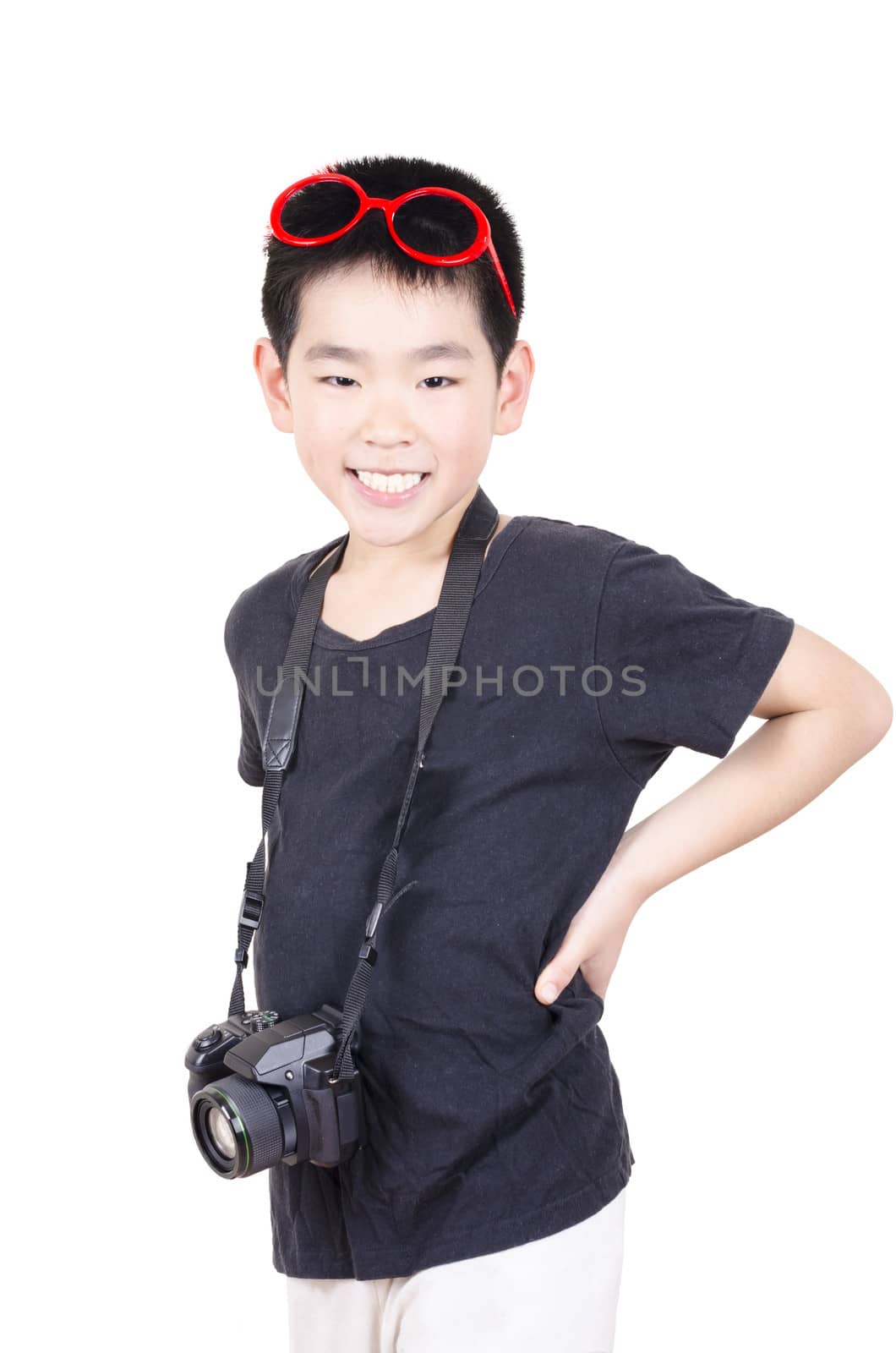 A little photographer on white background