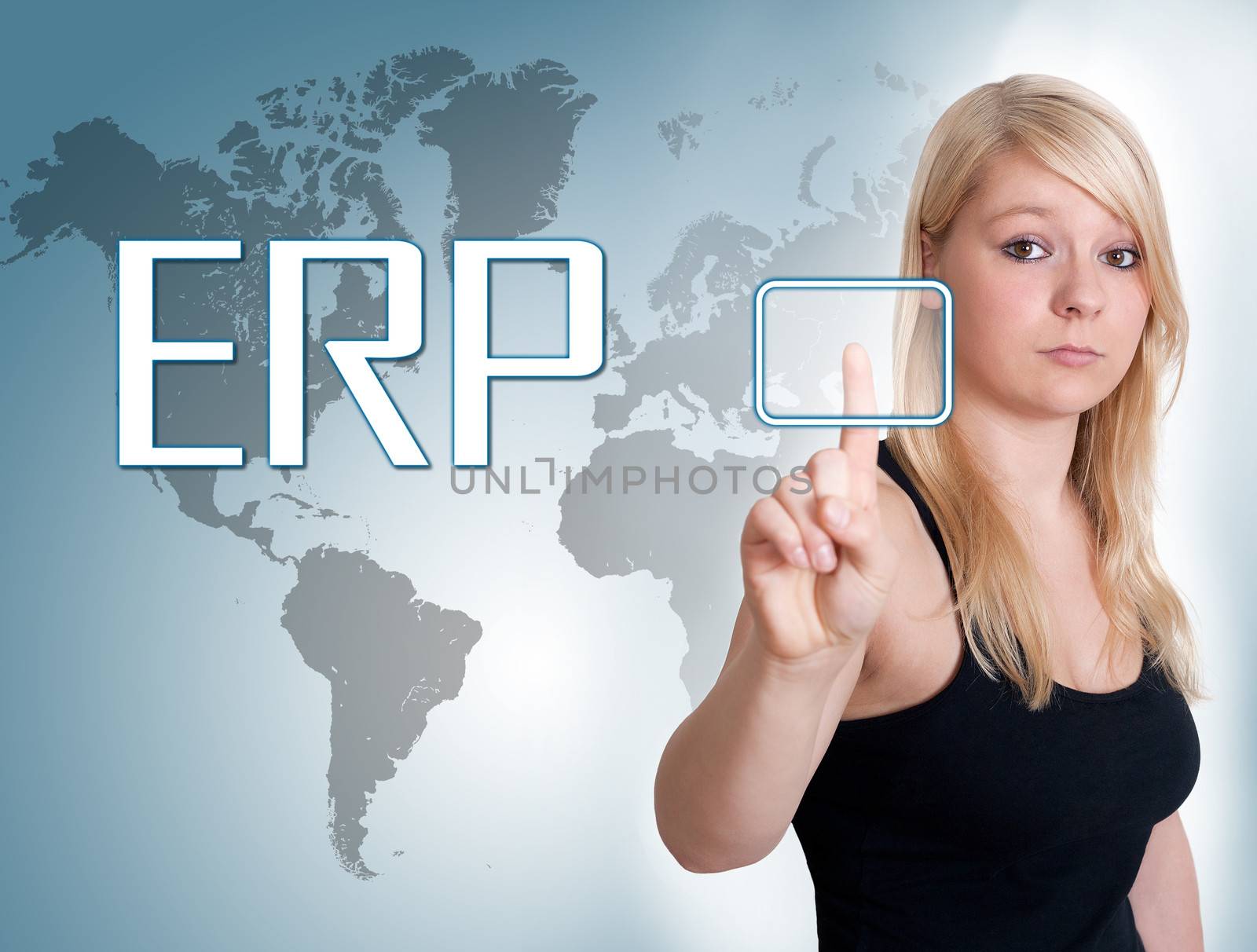 Young woman press digital Enterprise Resource Planning button on interface in front of her