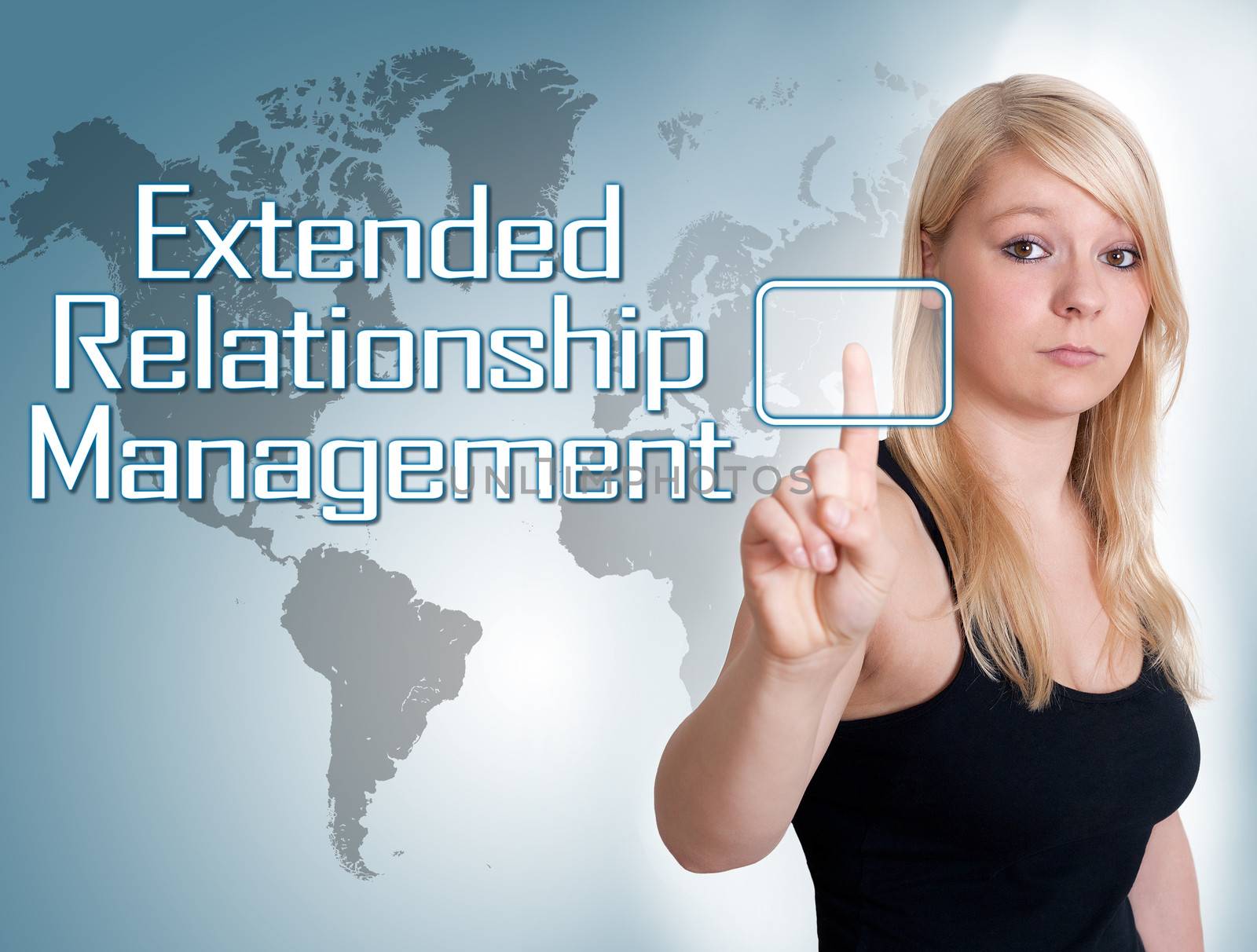 Young woman press digital Extended Relationship Management button on interface in front of her