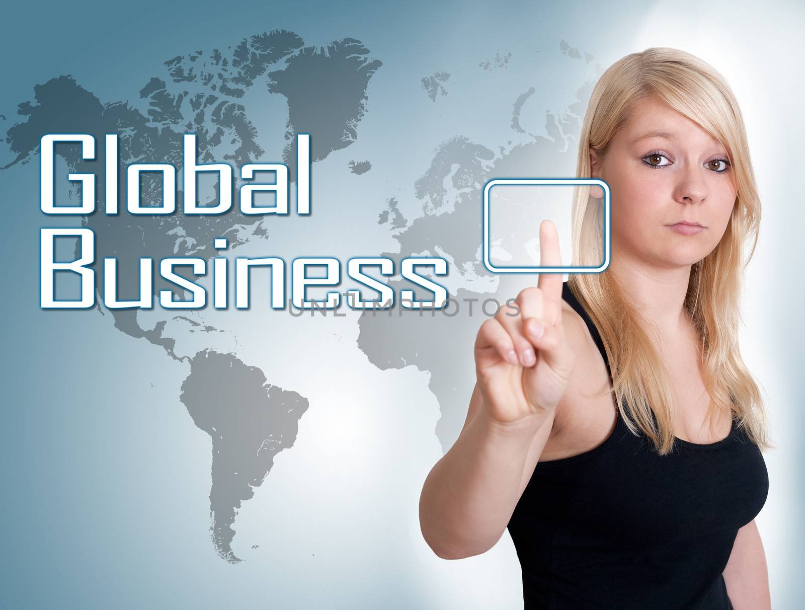 Young woman press digital Global Business button on interface in front of her