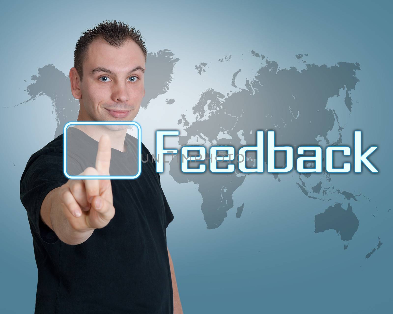 Young man press digital Feedback button on interface in front of him