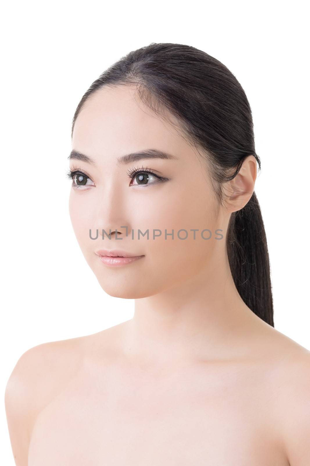 Asian beauty face closeup portrait with clean and fresh elegant lady. Studio shot.