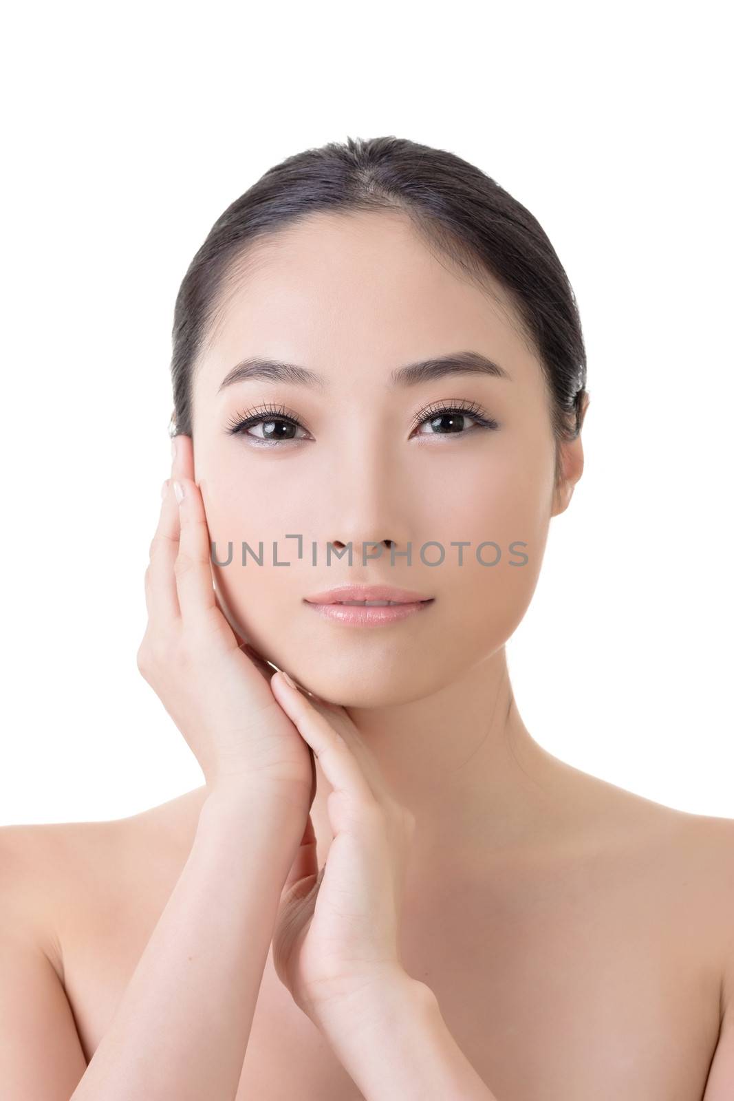 Asian beauty face closeup portrait with clean and fresh elegant lady. Studio shot.