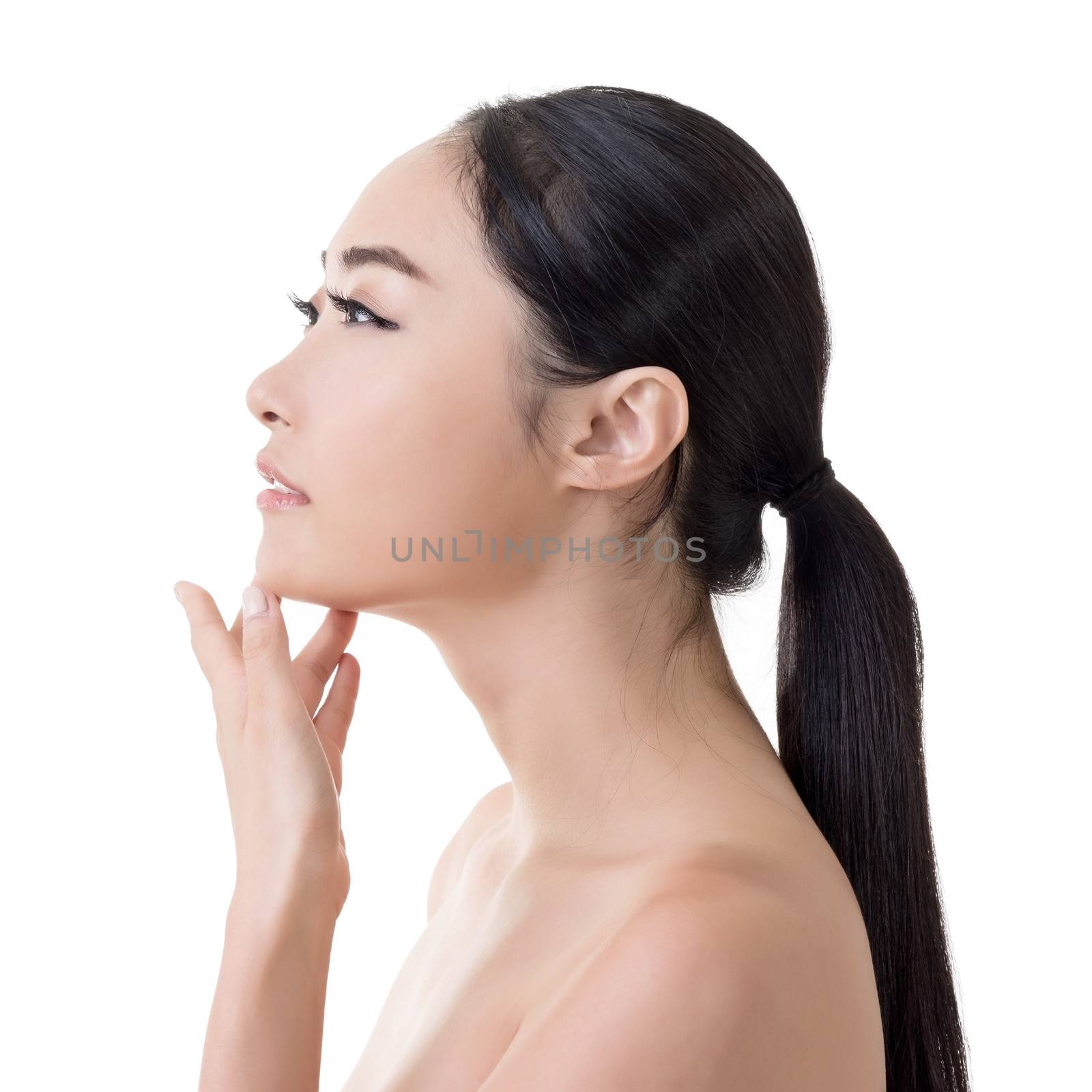 Asian beauty face closeup portrait with clean and fresh elegant lady. Studio shot.