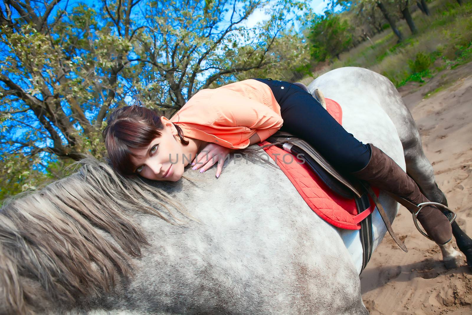 Girl on horse in summer forest on background of nature