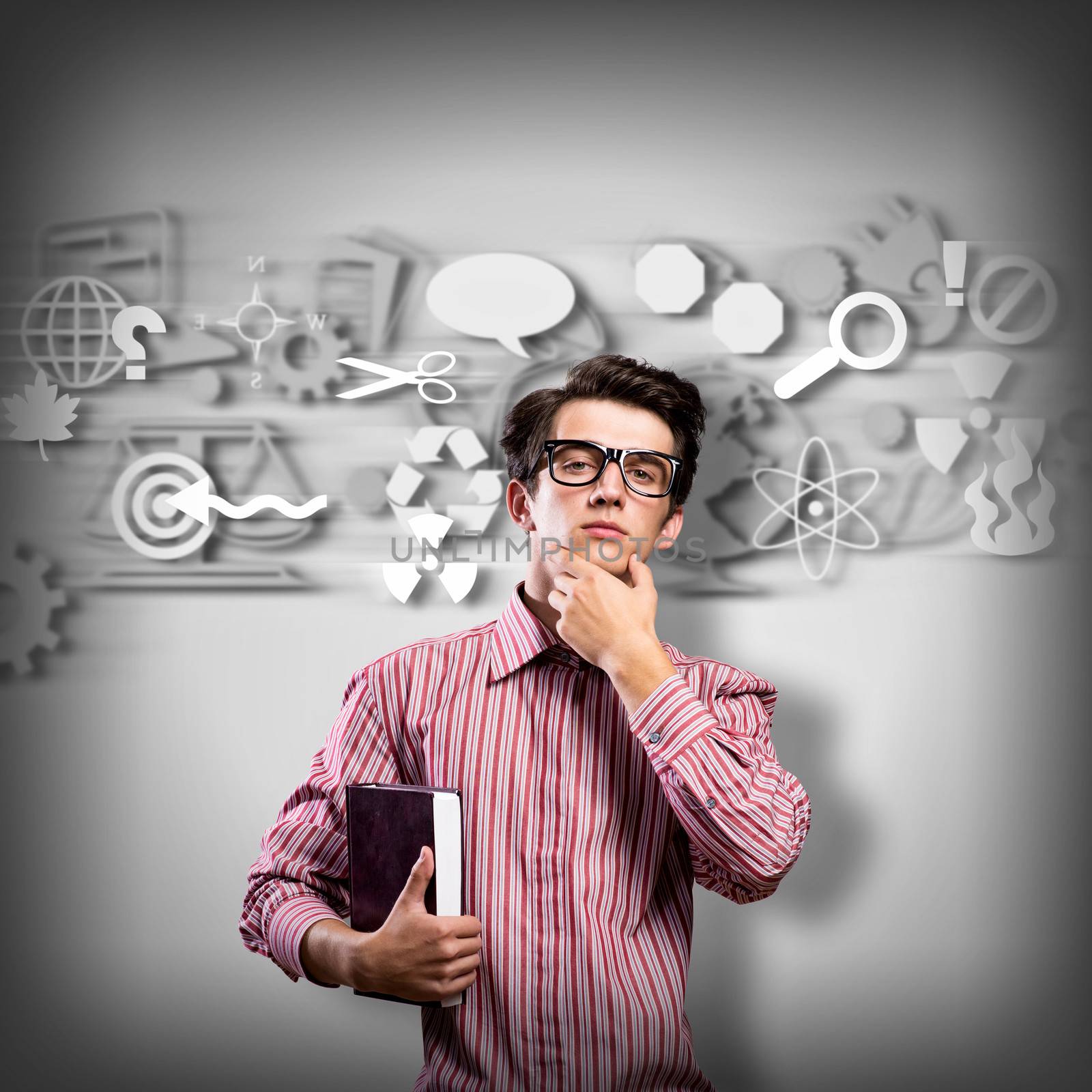 young man scientist in glasses thinking. next to it various painted symbols