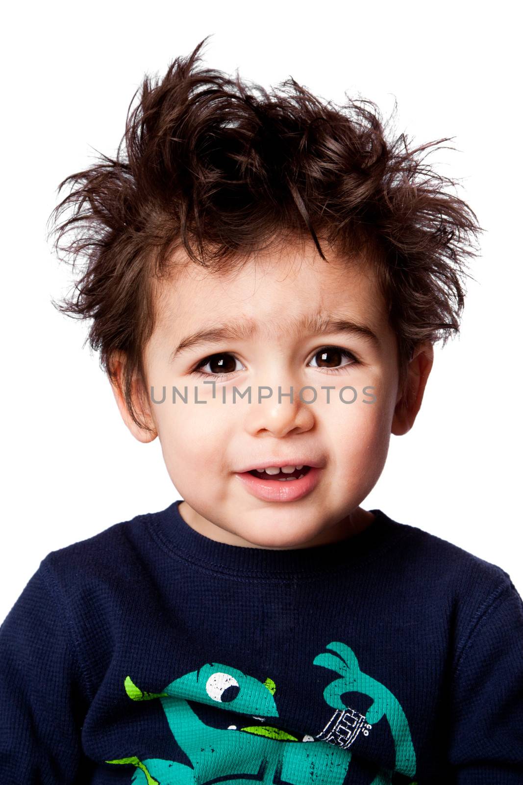 Cute adorable funny toddler boy facial expression with crazy hair, isolated.