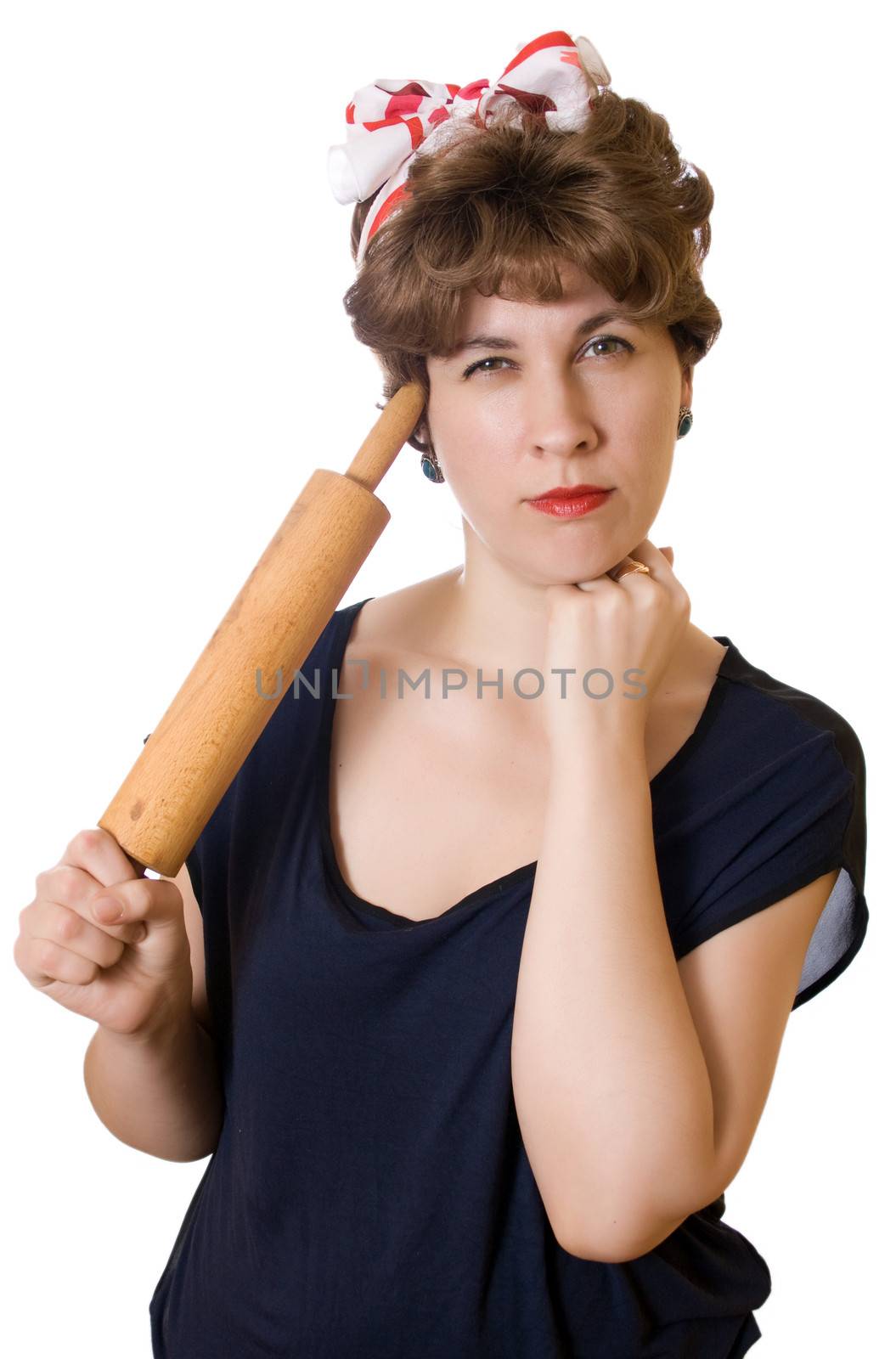 Headshot of mad housewife on the white background.